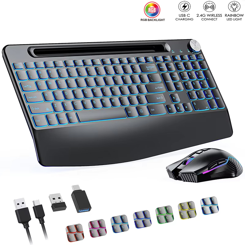 Desk Setup Keyboard - 2.4G&Type-C Wireless Keyboard Mouse Combo with