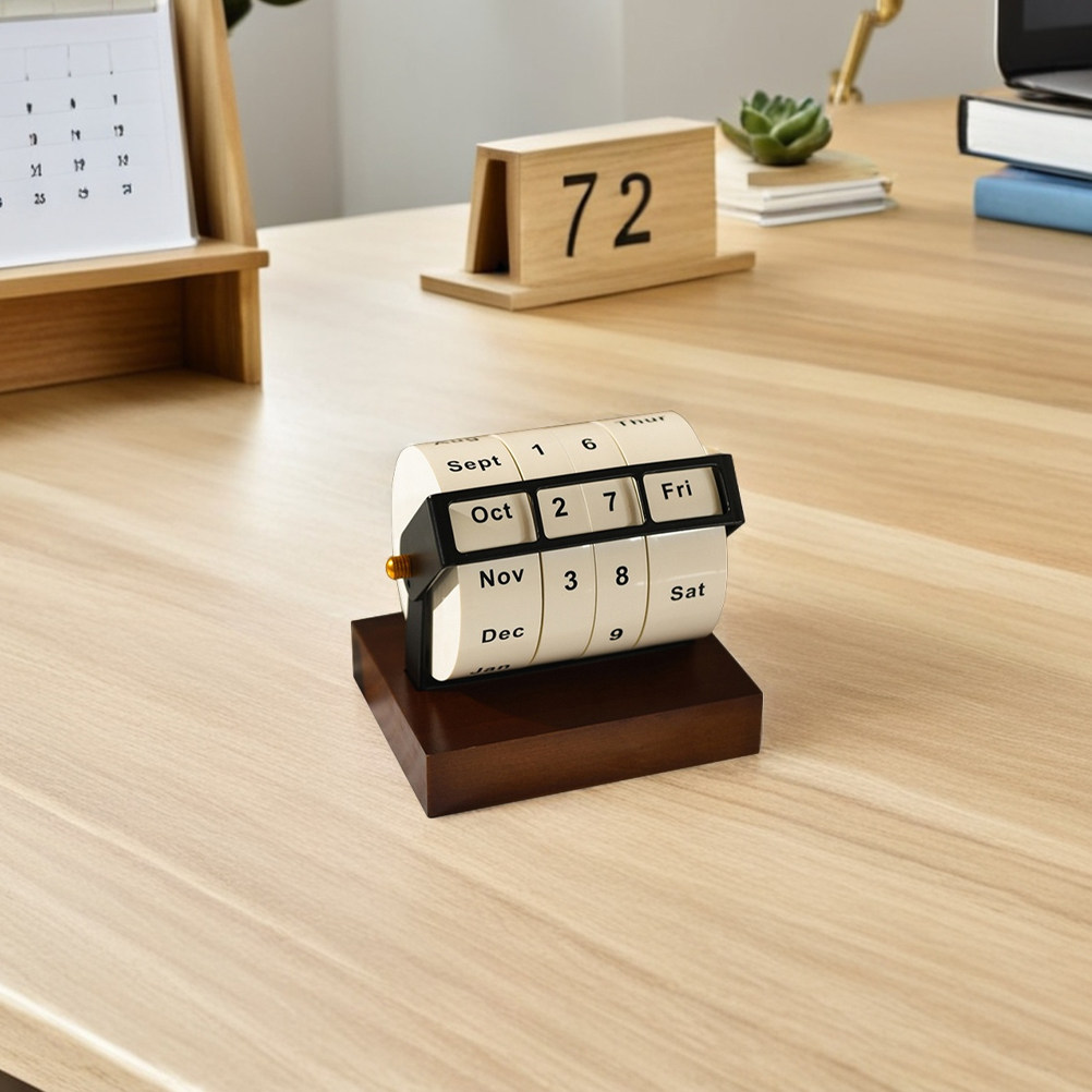 Desk Setup Vintage - Rotary Perpetual Calendar Wooden Desktop Stable