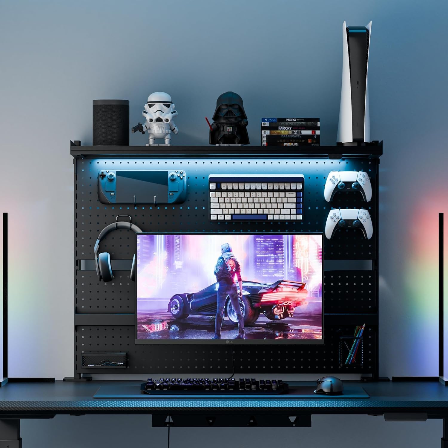 Dual Monitor Desk Setup - Dual Monitor Stand with Steel Pegboard,