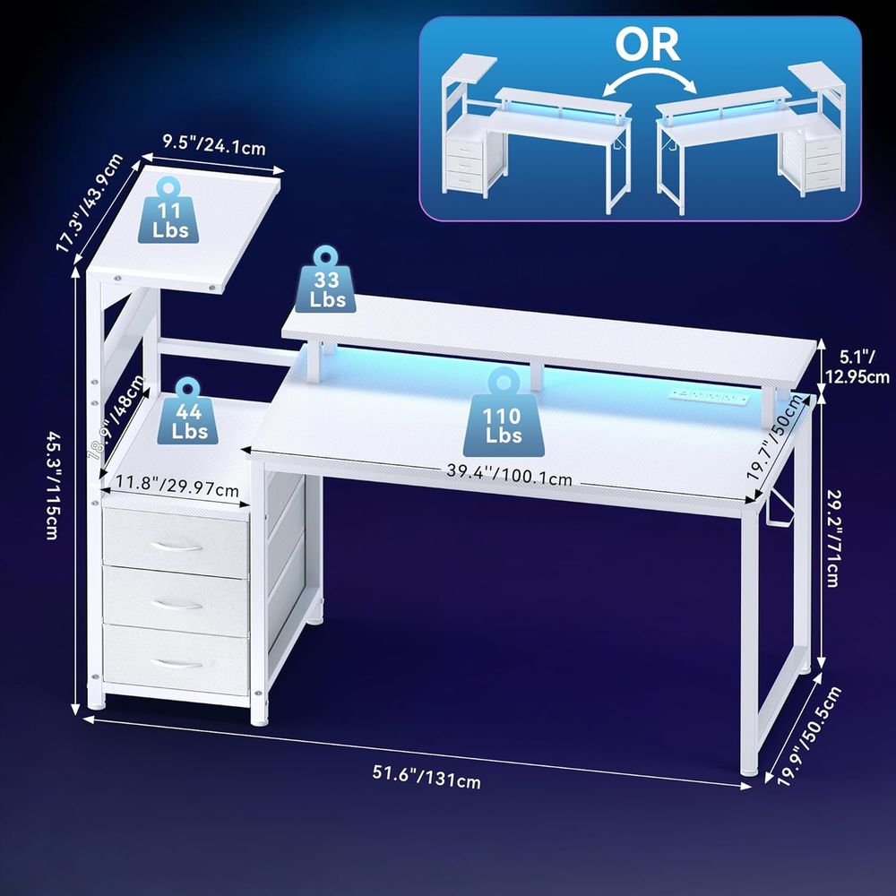 White 52 L-Shaped Gaming Desk  - Dual Monitor Desk Setup ulasan dan harga