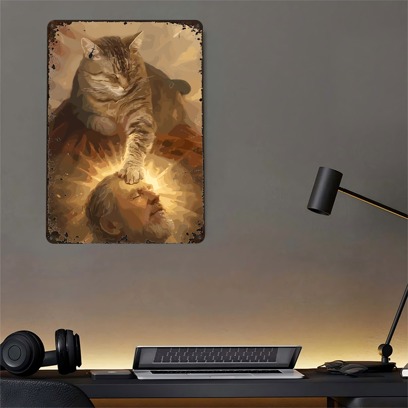 Cat Blessing a Man Tinplate Po - Desk Setup Vintage ulasan dan harga