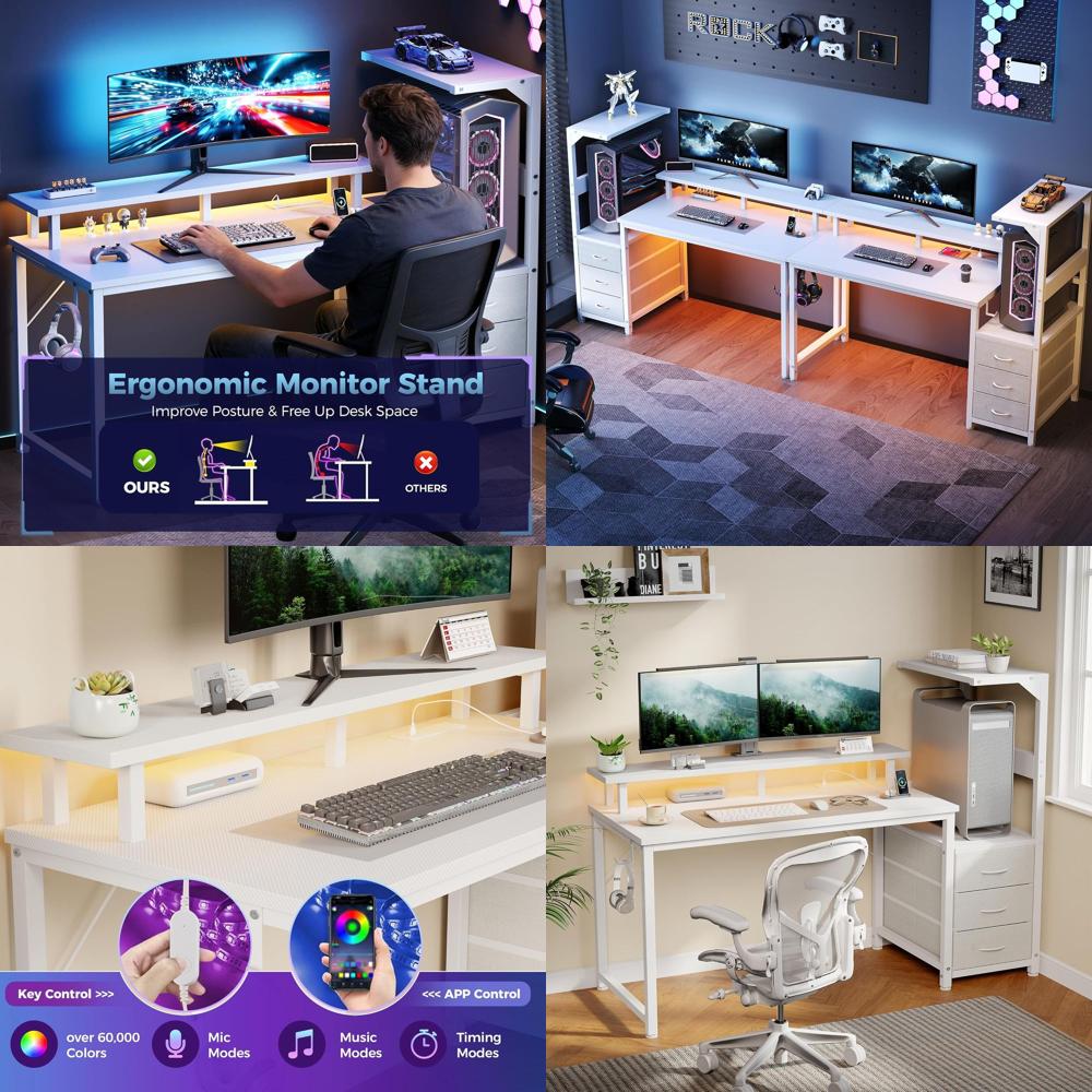 White 52 L-Shaped Gaming Desk  - Dual Monitor Desk Setup ulasan dan harga